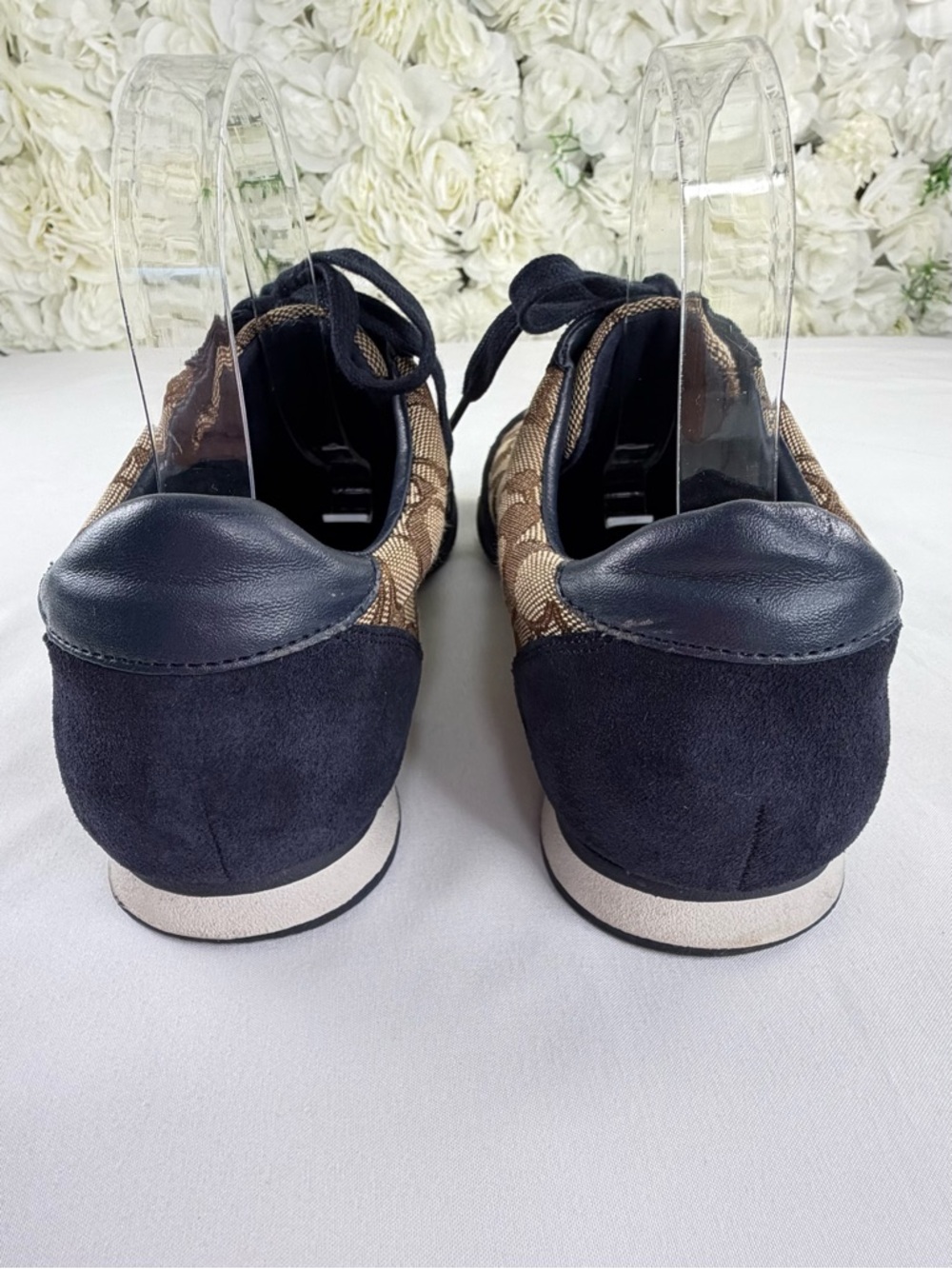Coach Signature Sneakers Brown Canvas Navy Suede Lace Up Flats - Picture 3 of 10